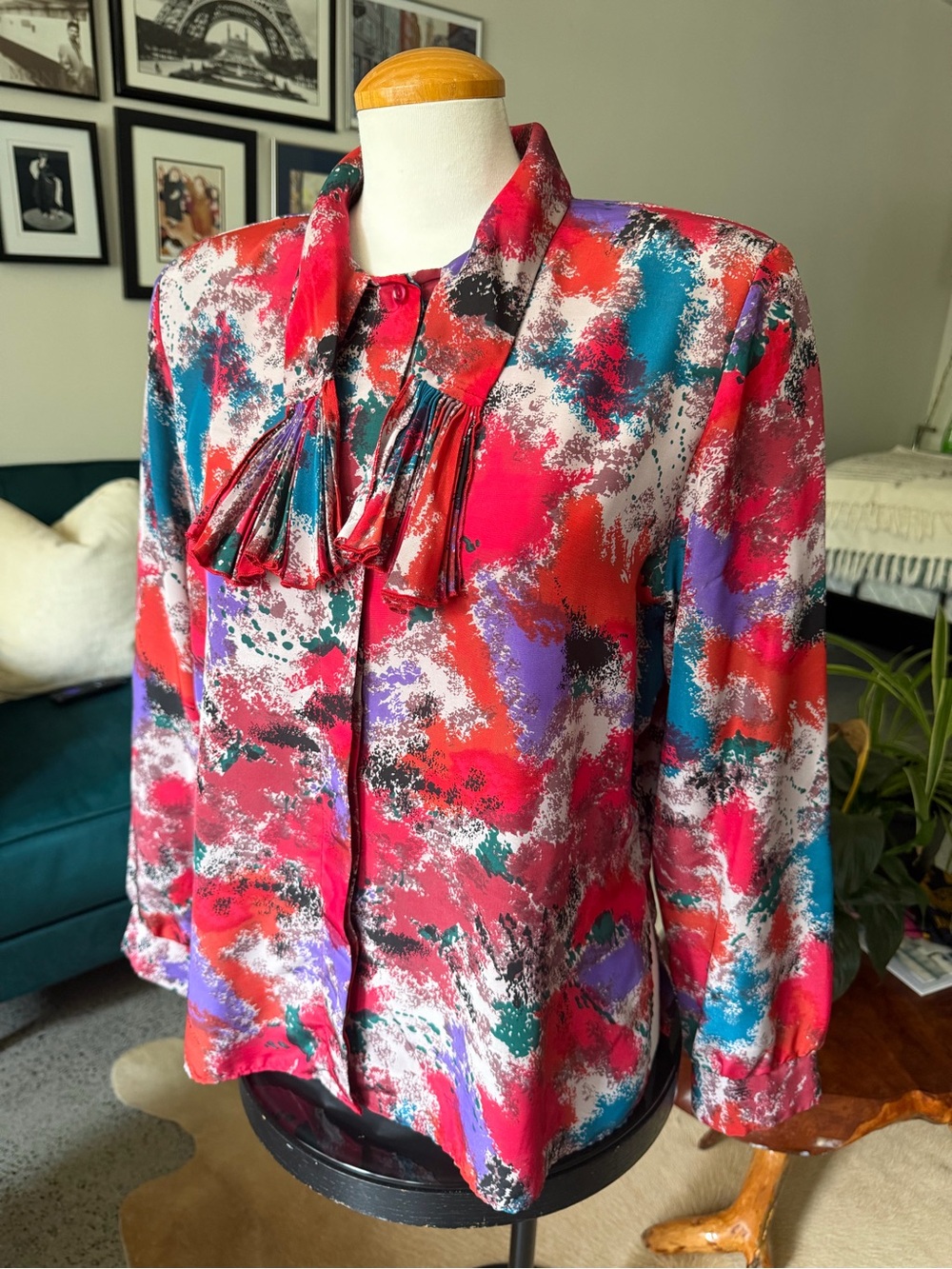 Women's Abstract Print Red Multi Blouse with Front Tassel Detail